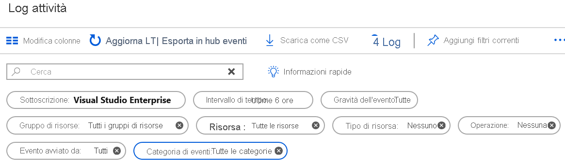 Screenshot che mostra le opzioni di filtro per i log attività nel portale di Azure.