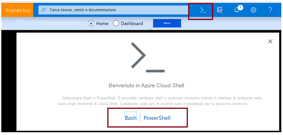 Screenshot del portale di Azure con l'icona di Cloud Shell.