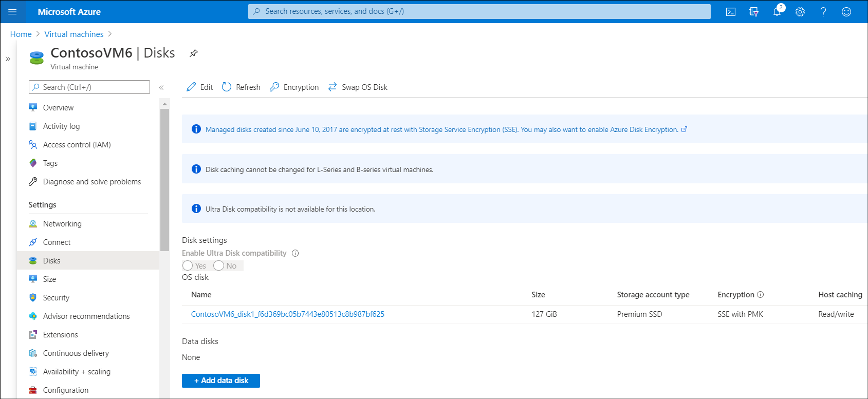 A screenshot of the Disks blade in the Azure portal for a VM named ContosoVM6.