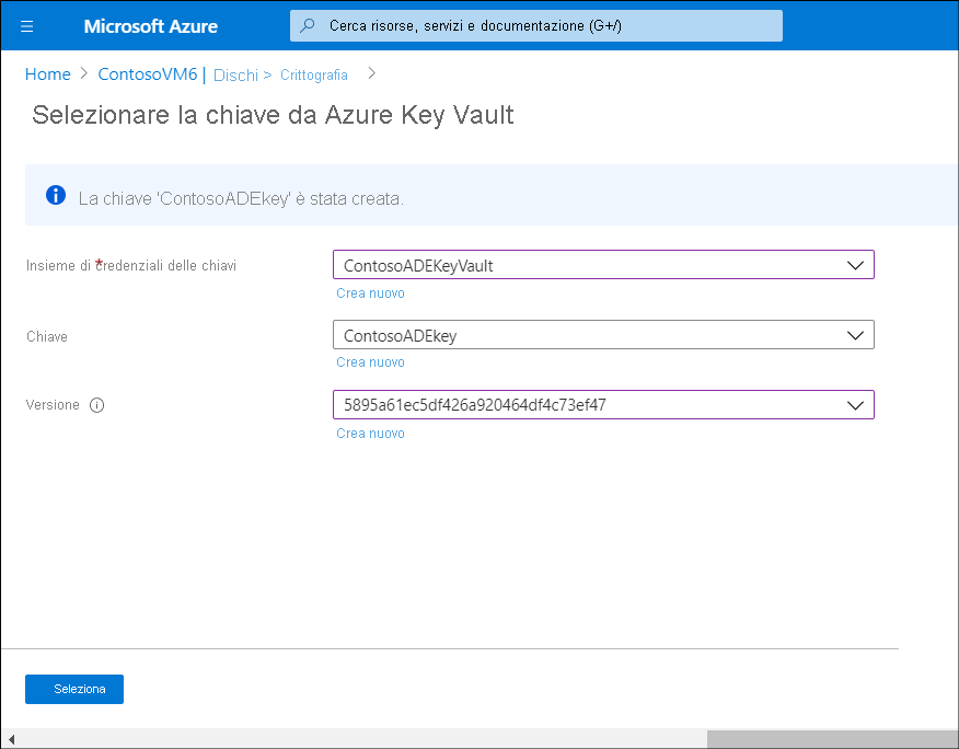 A screenshot of the Select key from Azure Key Vault blade. The administrator has selected a key vault, Key, and Version.