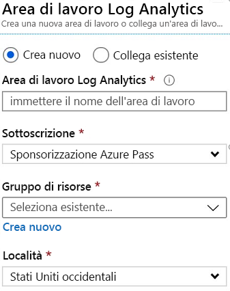 Screenshot che mostra come creare un'area di lavoro Log Analytics nel portale di Azure.