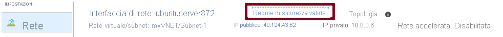 Screenshot della pagina Rete nel portale di Azure che mostra il collegamento evidenziato di Regole di sicurezza effettive.