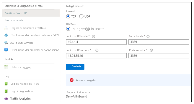 Screenshot of the IP flow verify feature in the Azure portal.