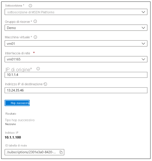 Screenshot of the next hop feature in the Azure portal.