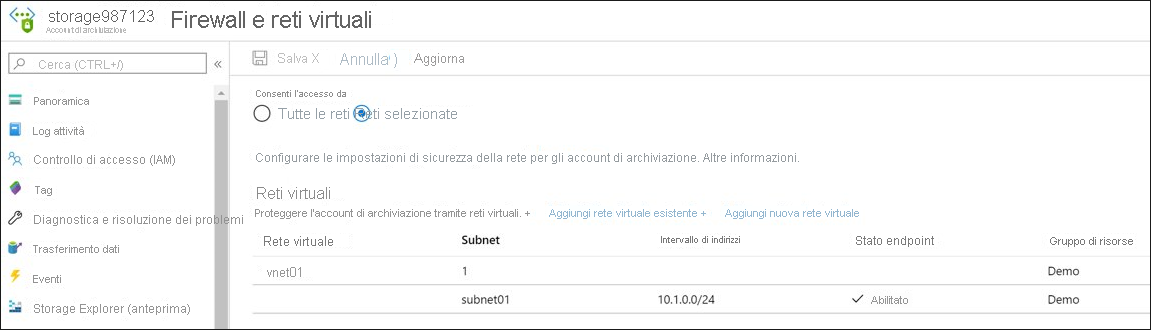 Screenshot of the Storage Account Firewalls and virtual networks settings in the Azure portal. One virtual network is selected and the firewall has an IP address range.