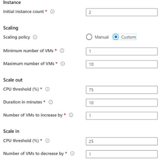 Screenshot of the settings for configuring virtual machine instances and autoscale in the Azure portal.