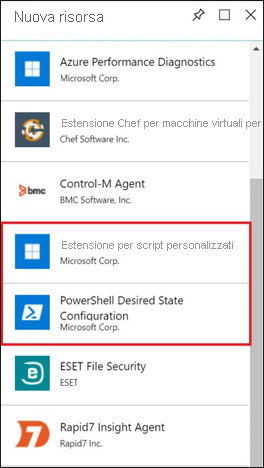 Screenshot of Windows extensions in the Azure portal showing the Custom Script Extension and PowerShell Desired State Configuration extension.