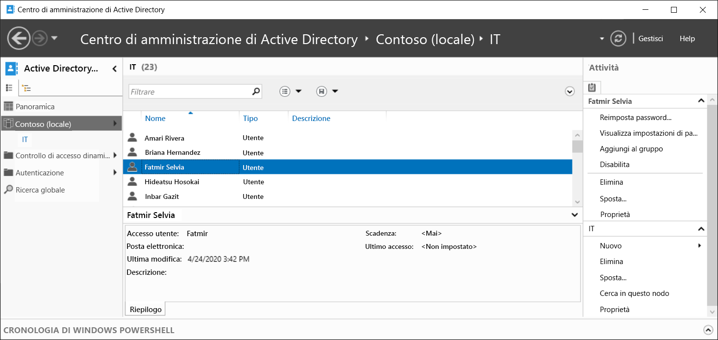 Screenshot del Centro di amministrazione di Active Directory. L'amministratore ha selezionato l'unità organizzativa IT nel dominio Contoso.com.