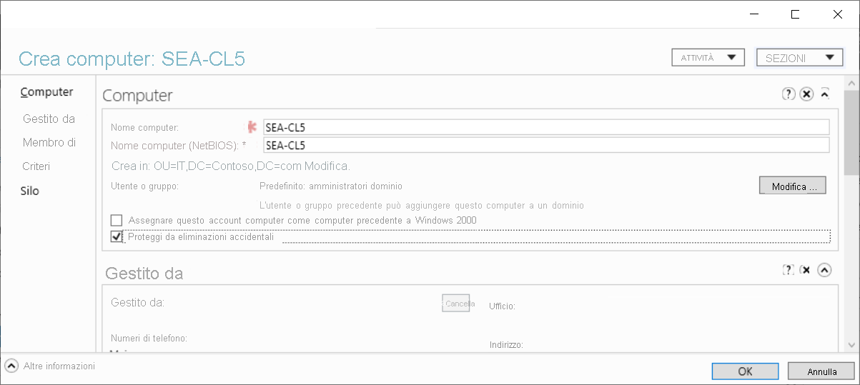 Screenshot della finestra di dialogo di creazione del computer SEA-CL5 nel Centro di amministrazione di Active Directory.