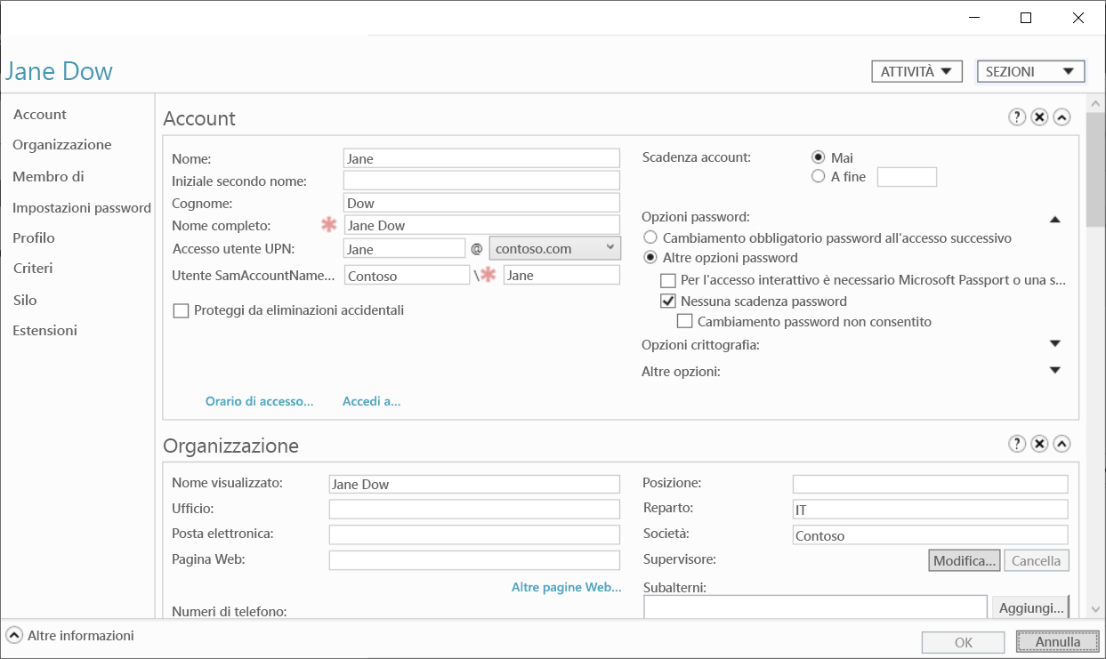 Screenshot dell'account utente Jane Dow nel Centro di amministrazione di Active Directory.