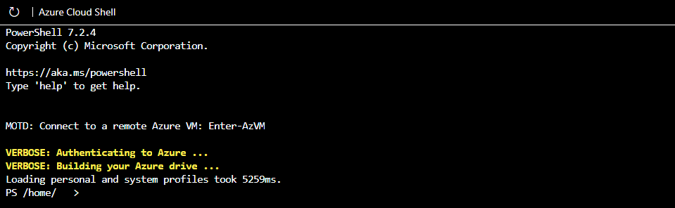 Screenshot dell'interfaccia della riga di comando di Azure PowerShell all'avvio iniziale.