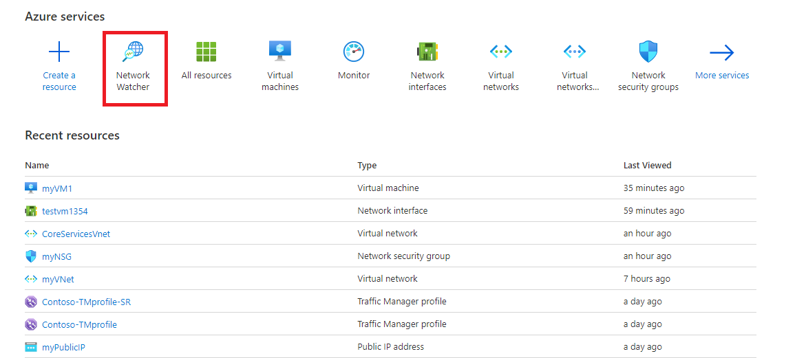Opening Network Watcher from the Azure portal home page using the Network Watcher tile
