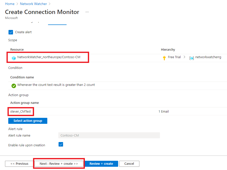 Create Connection Monitor - Create Alerts tab