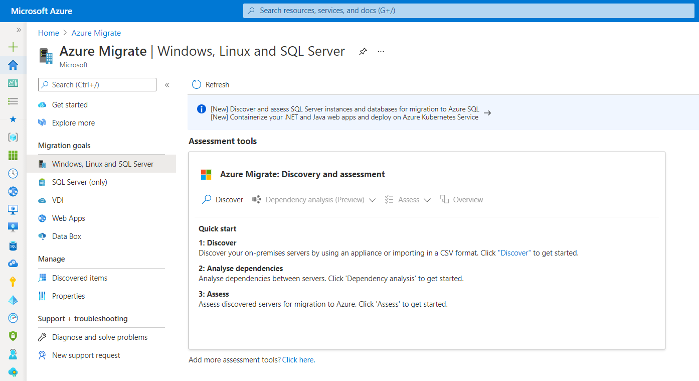 Screenshot that shows Azure Migrate: Discovery and assessment tools.