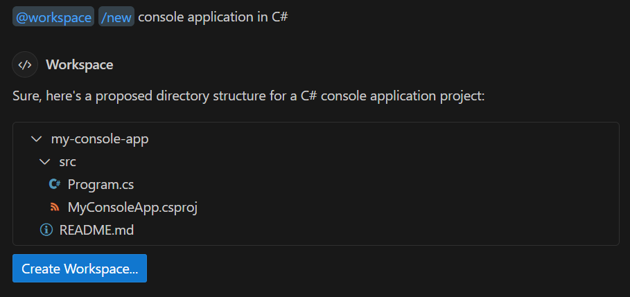 Screenshot che mostra la chat usata per eseguire lo scaffolding di un'app console.