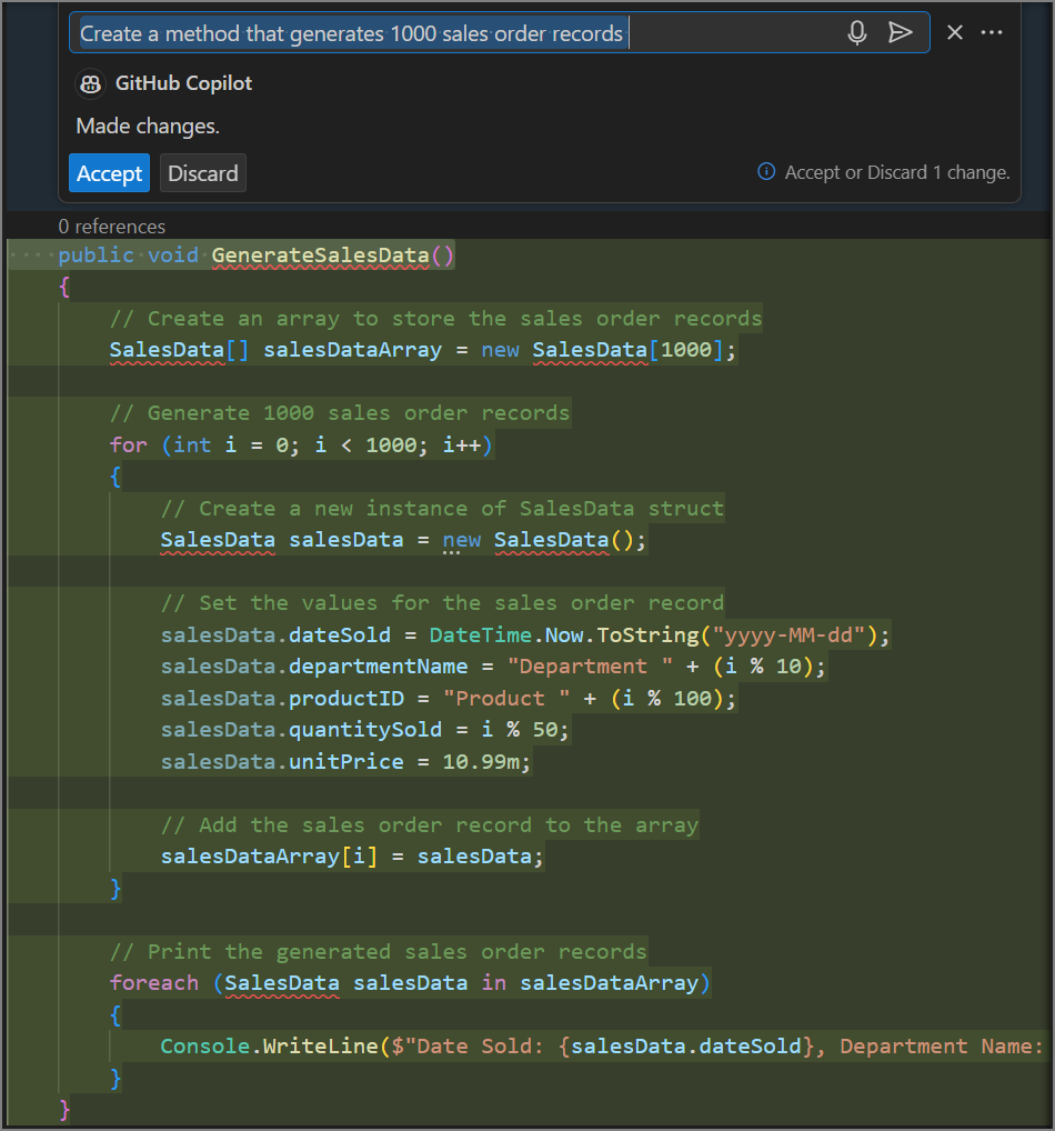 Screenshot che mostra una sessione di chat inline usata per creare un metodo.