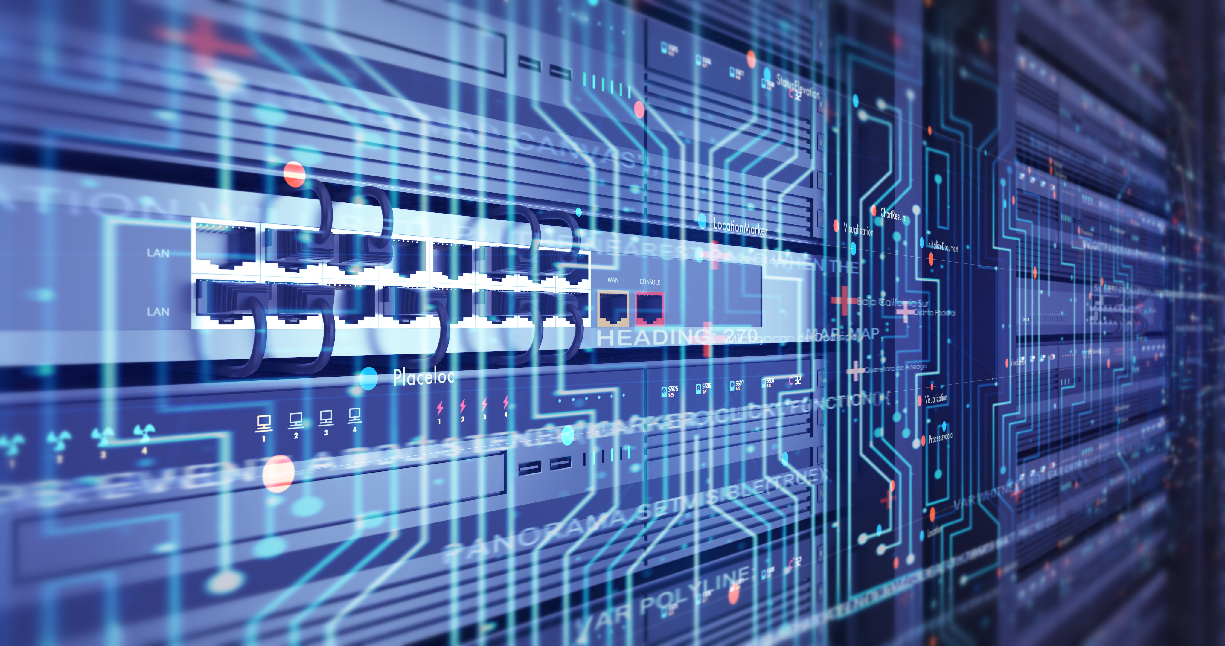 Illustrazione di una rete e di un router. Include una casa trasparente e computer in ogni stanza con un router che li collega tutti.