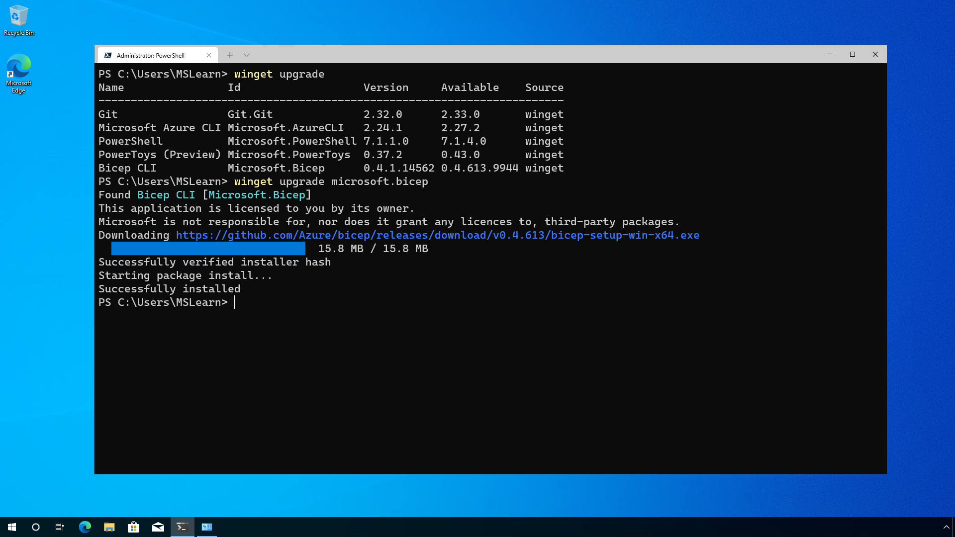 Aggiornamento di Microsoft Bicep con Gestione pacchetti Windows