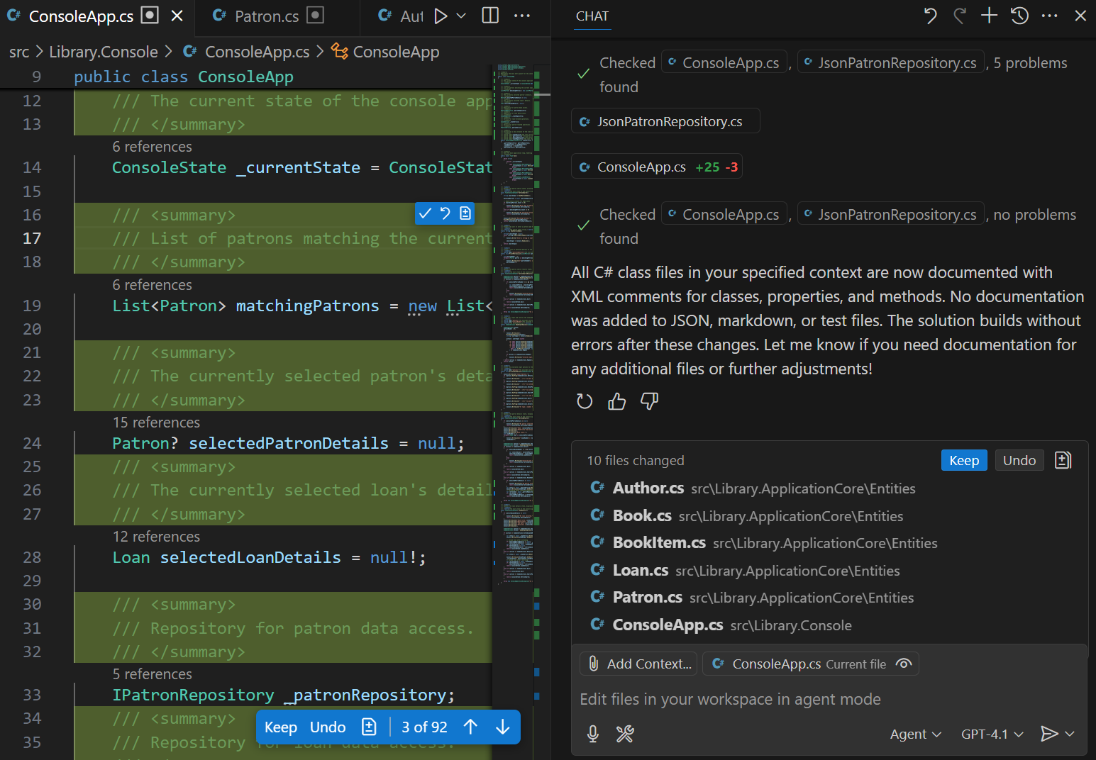 Screenshot che mostra la visualizzazione Chat in modalità agente dopo aver completato le attività.