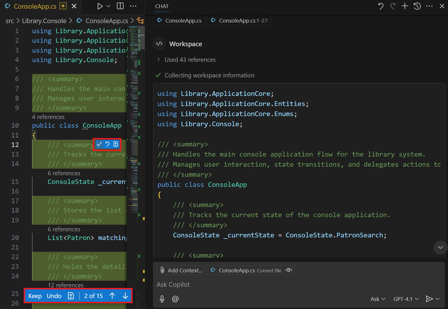 Screenshot che mostra la documentazione inline applicata all'editor usando la modalità Ask.