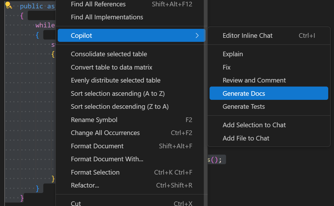 Screenshot che mostra l'azione intelligente Generate Docs.