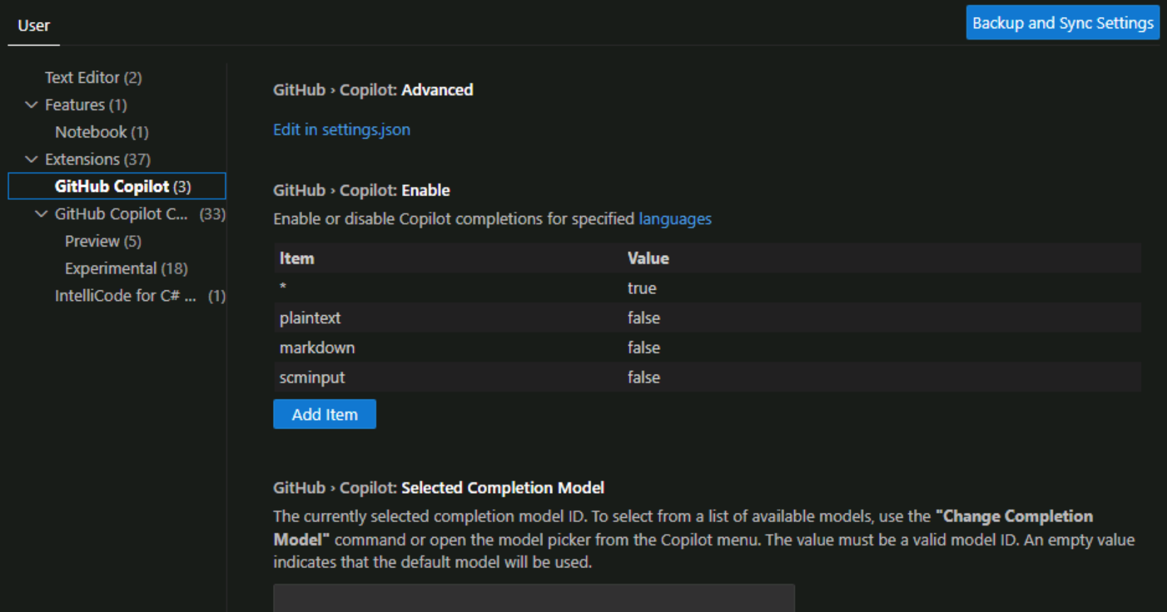 Screenshot che mostra le impostazioni dell'estensione Di GitHub Copilot.