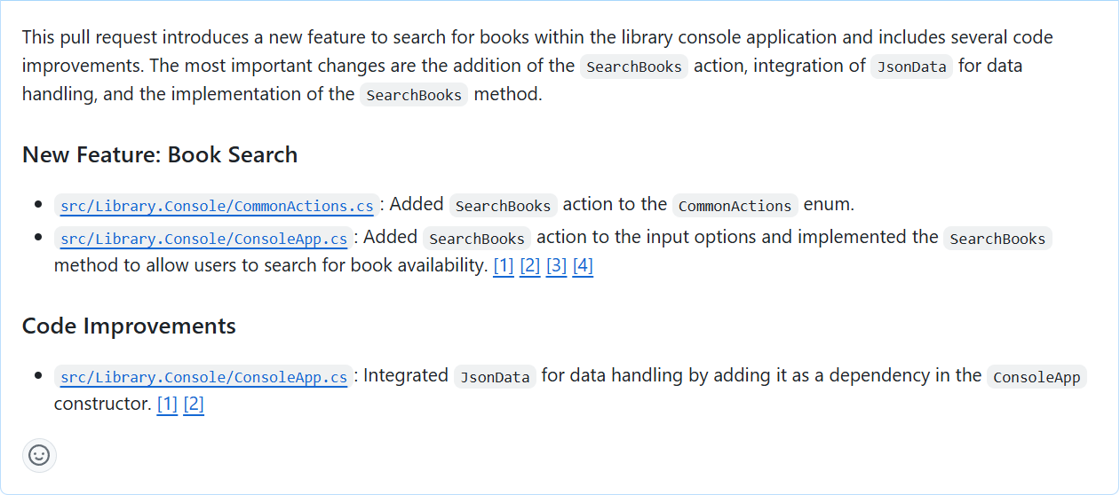 Screenshot che mostra un riepilogo delle richieste pull generato con un account GitHub Copilot Enterprise.