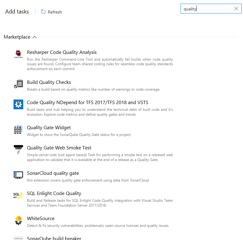 Screenshot della pagina marketplace con una ricerca sulla qualità del termine. I risultati includono NDepend e Resharper.