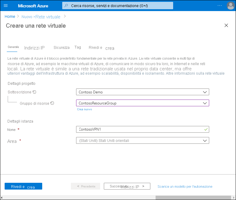 A screenshot of the Create a virtual network page. The administrator has defined the subscription, and selected the ContosoResourceGroup. The VNet name is ContosoVPN1 in the East US region.