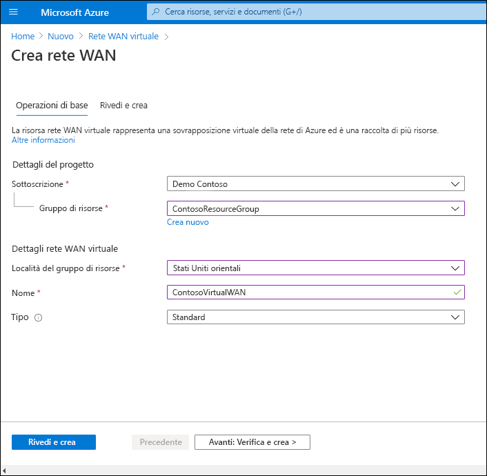 A screenshot of the Create WAN blade, Basics tab. The administrator has configured the basic properties of subscription, resource group, and location. The Name is defined as ContosoVirtualWAN, and the Type is Standard.