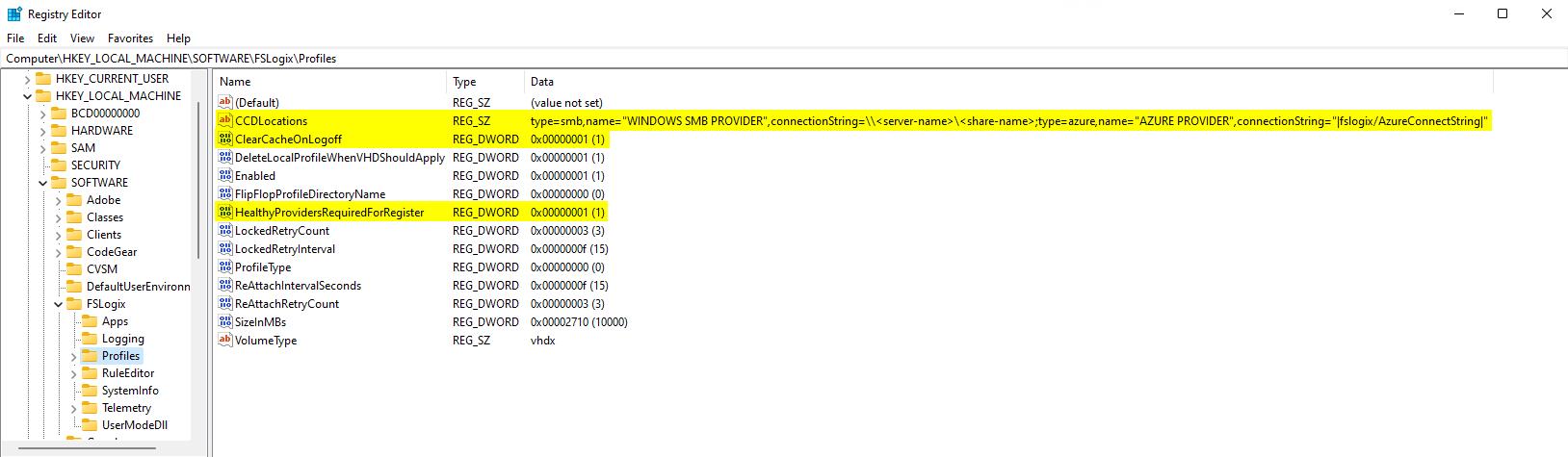 Screenshot che mostra le voci del Registro di sistema della cache cloud.