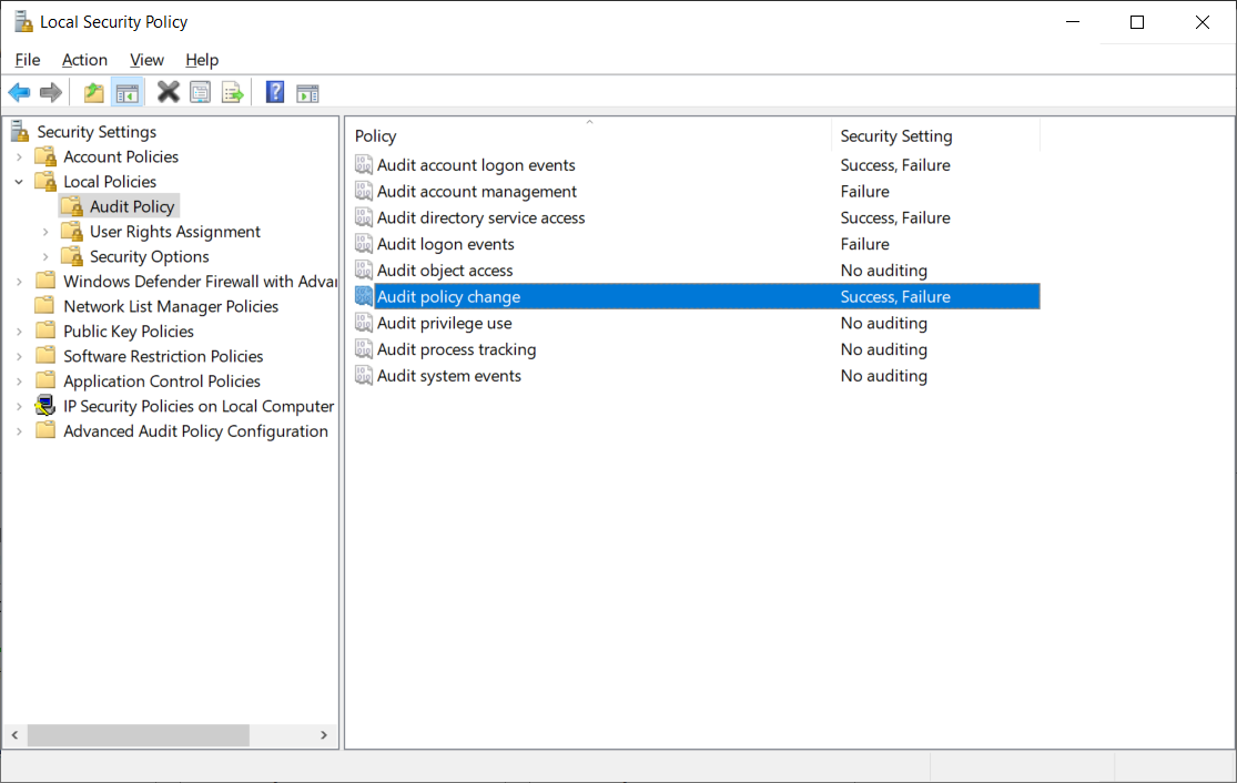 Questa schermata mostra la console Criteri di sicurezza locale e le categorie di controllo di base. Il nodo Criteri di controllo è selezionato e sono state configurate varie impostazioni di controllo esito positivo ed errore.