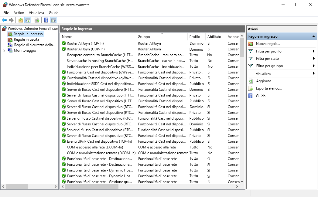 A screenshot of Windows Defender Firewall with Advanced Security, Inbound Rules node.