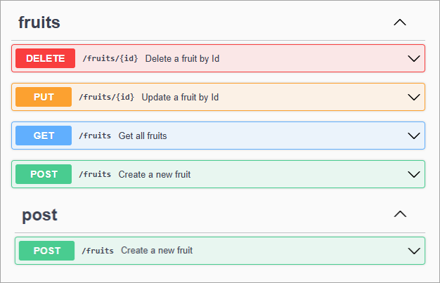 Screenshot dell'interfaccia utente di Swagger che mostra l'operazione post in due gruppi con una descrizione di riepilogo.