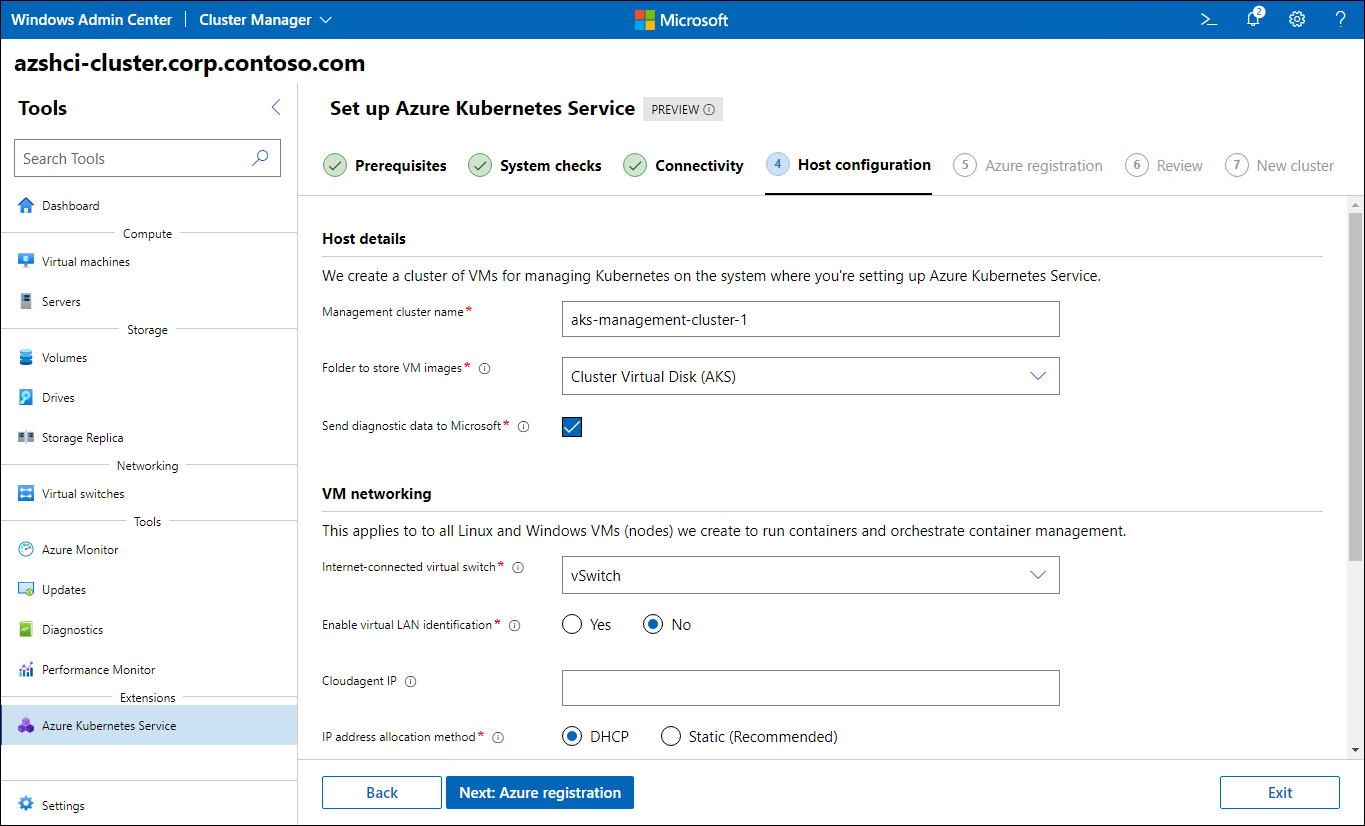 The screenshot depicts the Host configuration step of the Set up Azure Kubernetes Service wizard in Windows Admin Center.