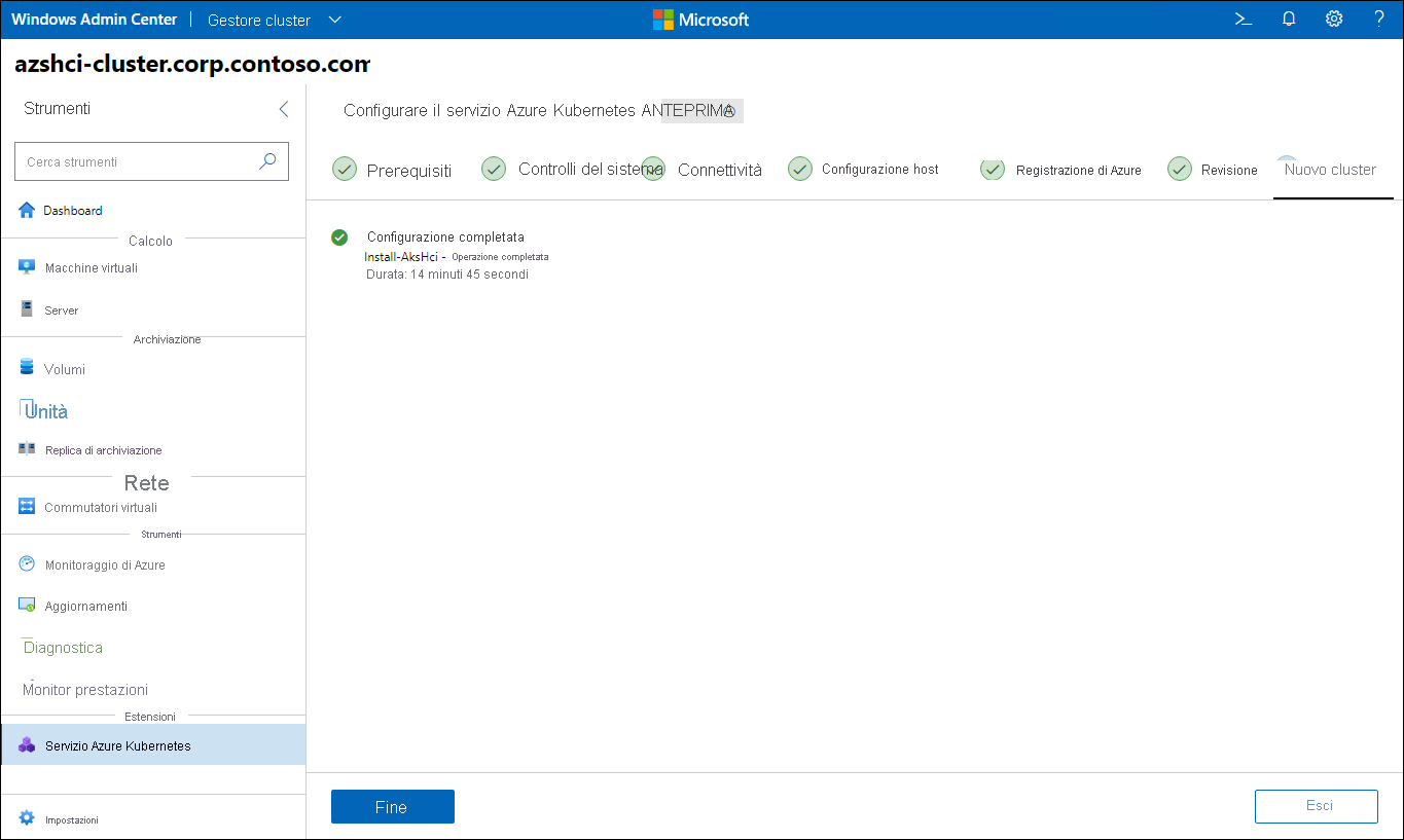 The screenshot depicts the New cluster step of the Set up Azure Kubernetes Service wizard in Windows Admin Center.