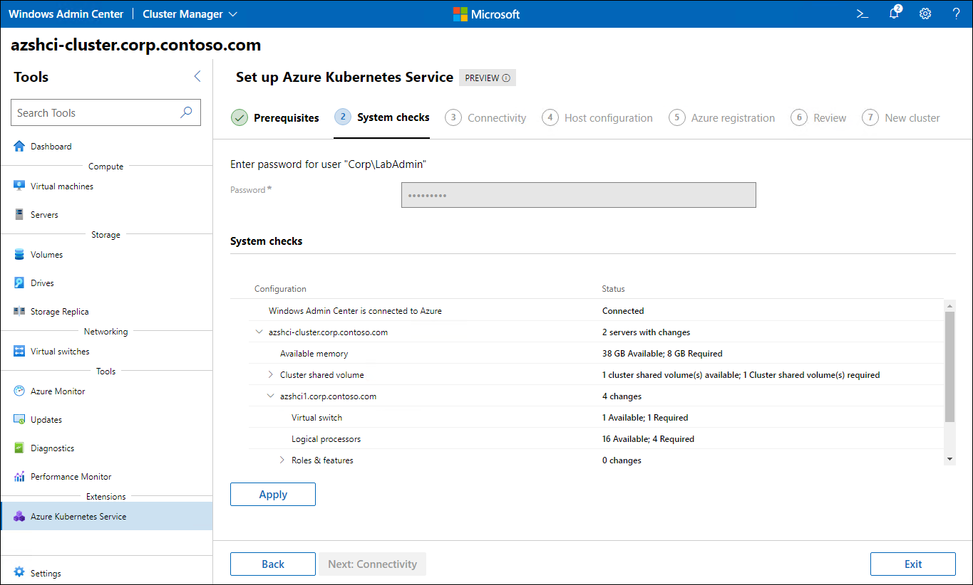The screenshot depicts the System checks step of the Set up Azure Kubernetes Service wizard in Windows Admin Center.