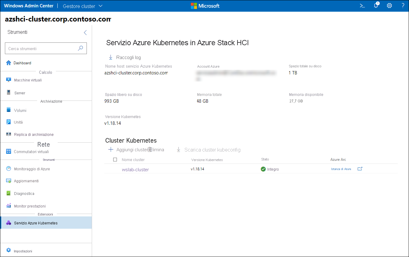 The screenshot depicts the New cluster step of the Create Kubernetes cluster wizard in Windows Admin Center.