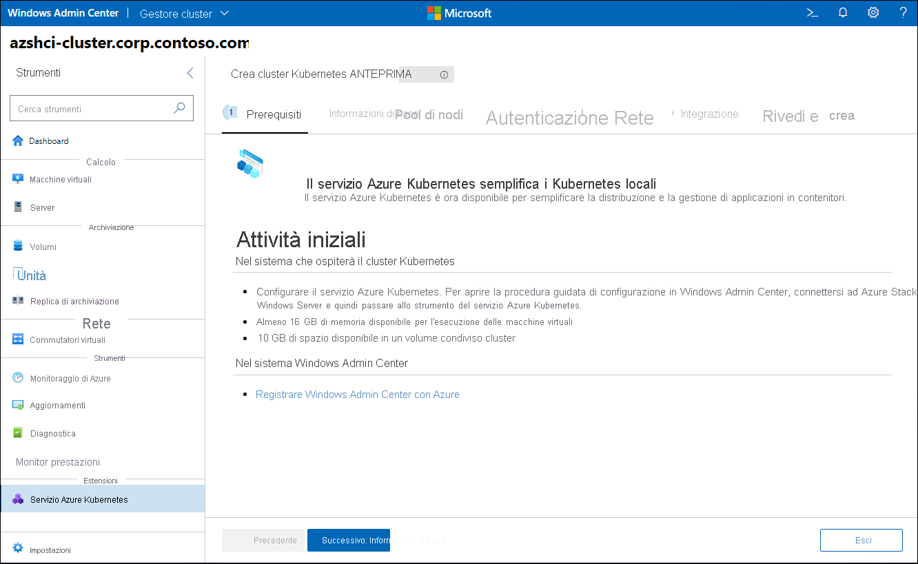 The screenshot depicts the Prerequisites step of the Create Kubernetes cluster wizard in Windows Admin Center.