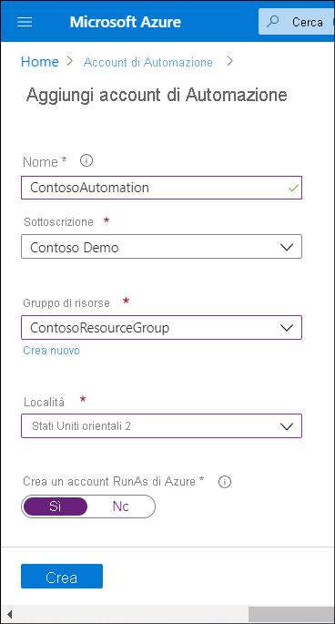 A screenshot of the Azure portal. The administrator is adding an Azure Automation account. The name is ContosoAutomation in the ContosoResourceGroup, and the location is East US.