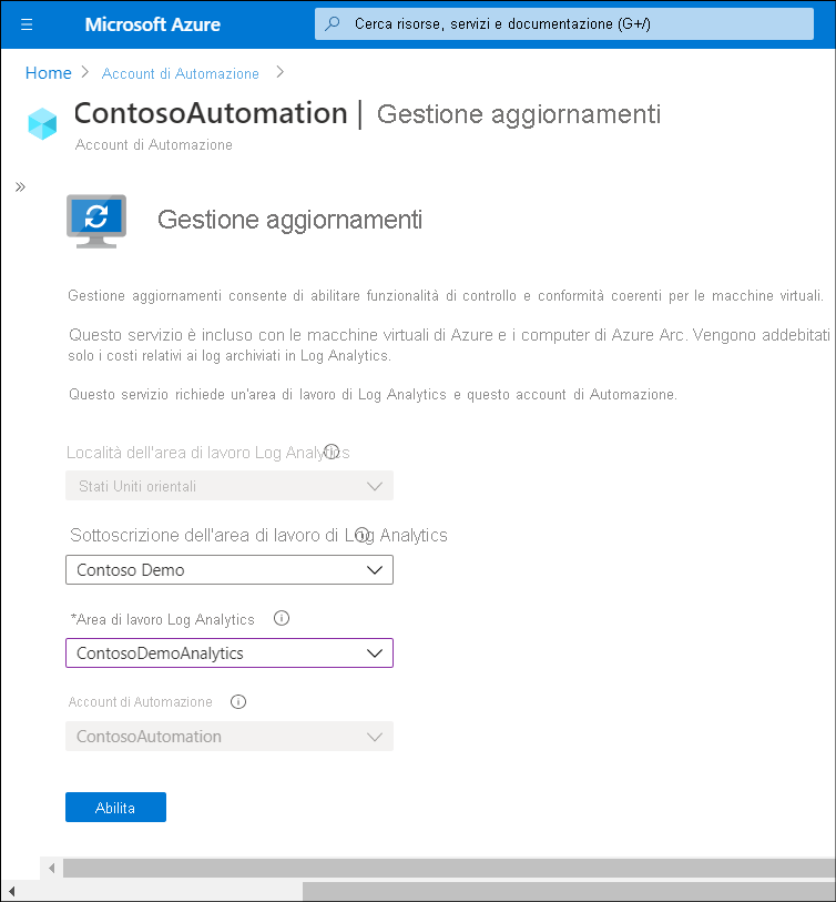 A screenshot of the administrator selecting Update Management on a Log Analytics workspace account and Automation account.