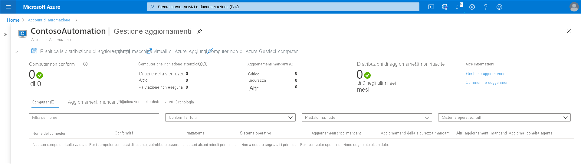 A screenshot of the Update management blade of the Azure portal. The administrator has enabled Update management, but no servers are yet onboarded.