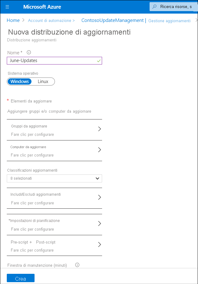 A screenshot of the New update deployment blade in the Azure portal. The administrator is adding a new update called June-Updates.