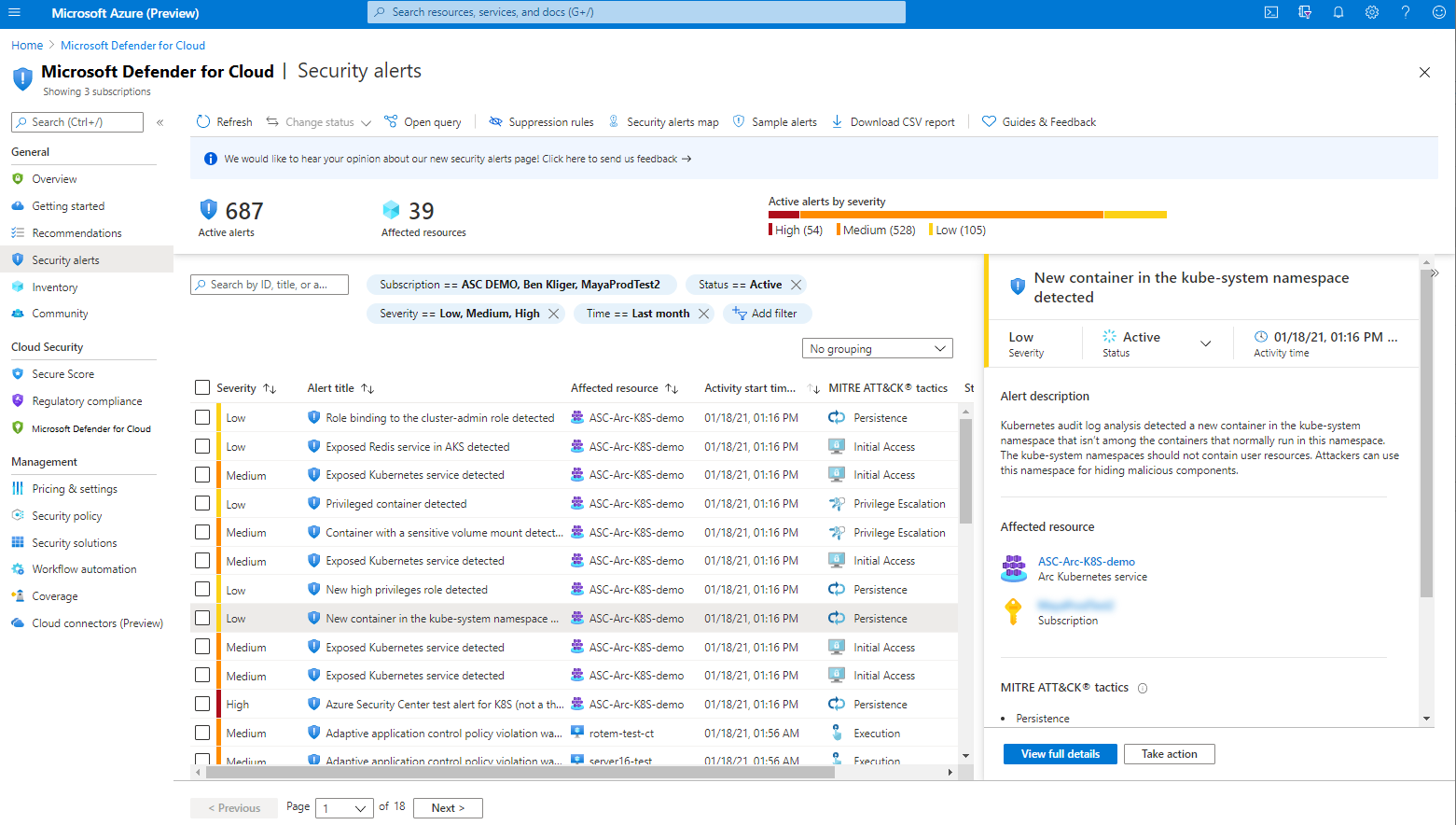 Screenshot che mostra la pagina degli avvisi di sicurezza di Microsoft Defender per il cloud.
