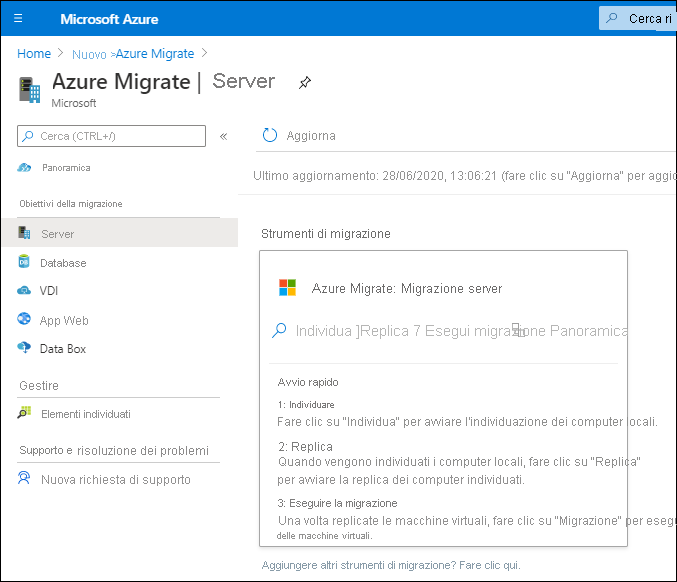 Screenshot del portale di Azure. L'amministratore ha aggiunto Azure Migrate e ha selezionato lo strumento Azure Migrate: Migrazione server.