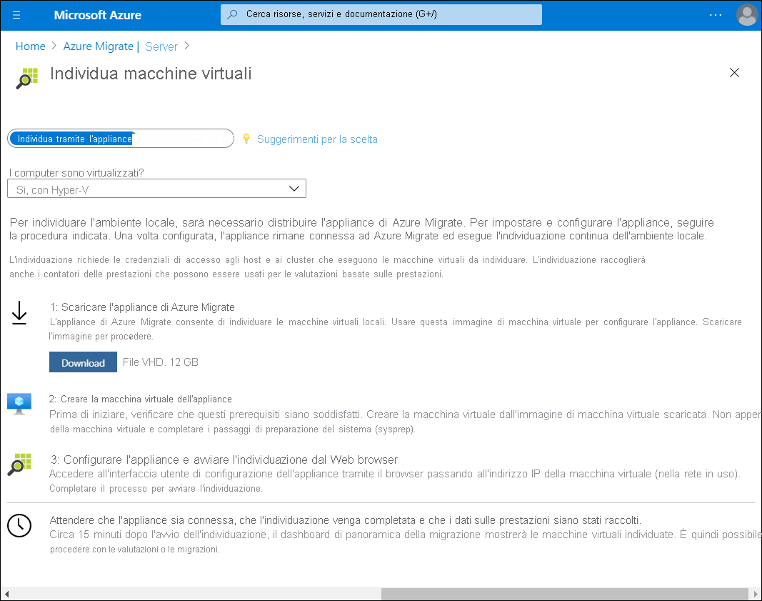 Screenshot del pannello Individua computer in Azure Migrate. Al prompt 