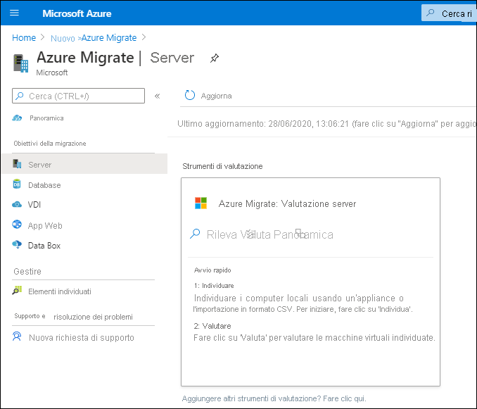 Screenshot del portale di Azure. L'amministratore ha aggiunto Azure Migrate e ha selezionato lo strumento Azure Migrate: Valutazione server.