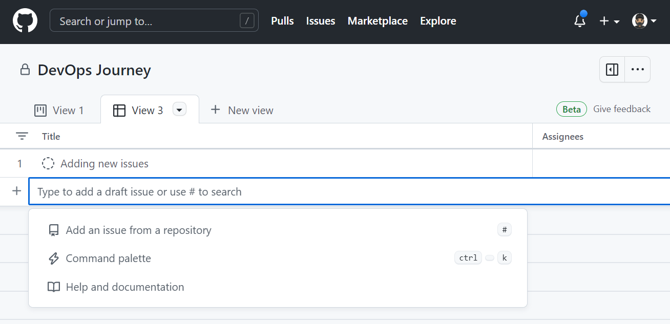 Screenshot dell'elenco di progetti GitHub con attività vuote.