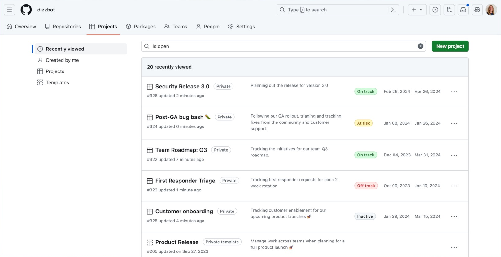 Screenshot di progetti di GitHub Projects.