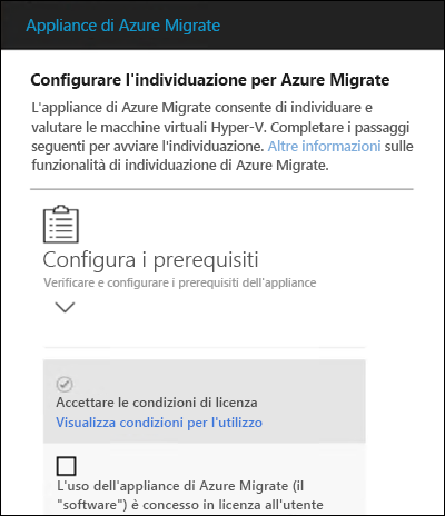 Screenshot of the Azure Migrate appliance web app, showing the first option to accept License terms for the Azure Migrate appliance.